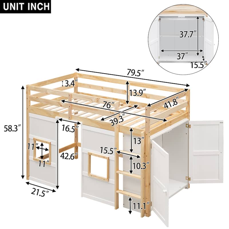 Wood Twin Size Loft Bed with Built-in Storage Wardrobe and 2 Windows w/Full-Length Guardrails, No Boxing Spring Needed