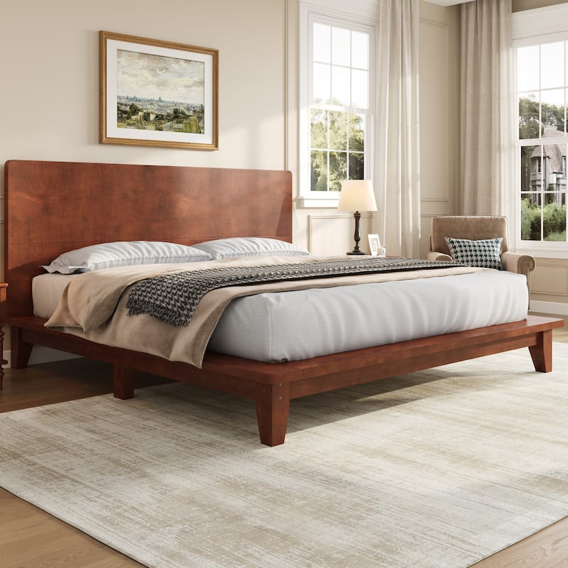 Low-Profile Platform Bed Frame with Headboard, Wood Slat Support, Wingback Panel Bed