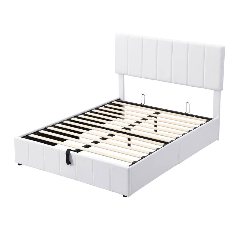Hydraulic Lift Up Storage Bed, Linen Upholstered Platform Bed Frame with Vertical Panel Headboard, Wooden Slat Support
