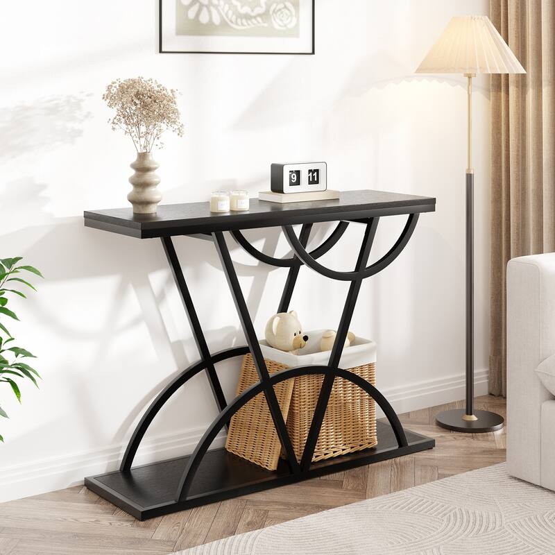 43" Console Table for Entryway, Industrial Entryway Table with Storage Shelf, Narrow Wood Sofa Table