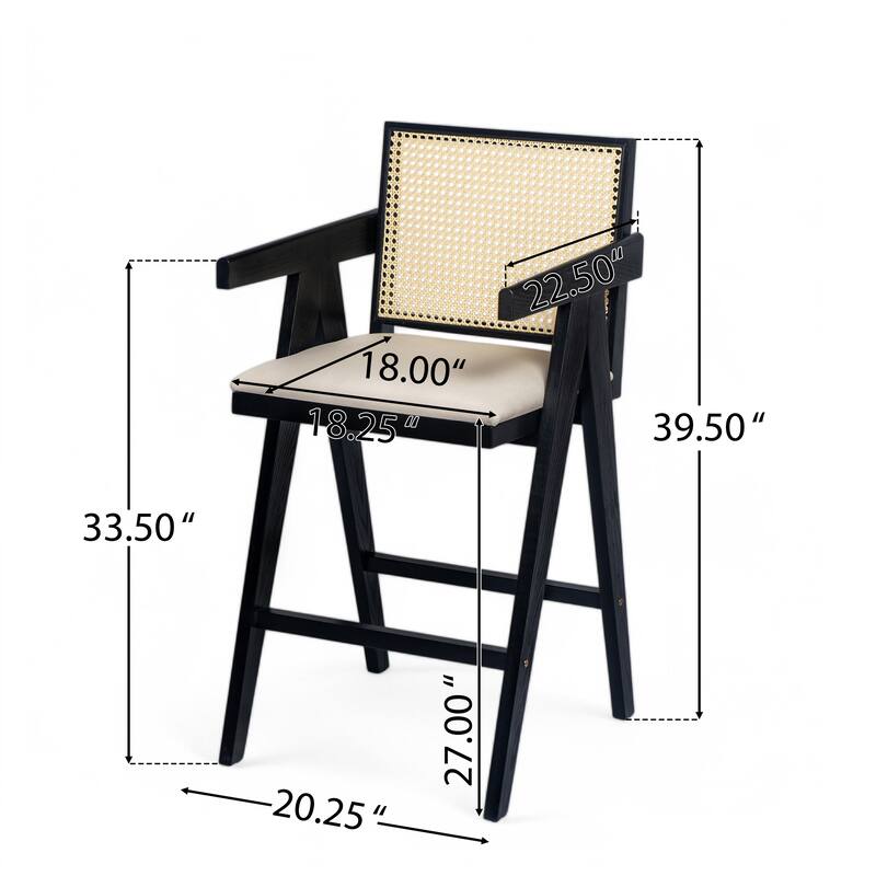 Bar Height Armchairs Rattan Woven Backrest Bar Stools Set of 2 with Padded Fabric Seat and Durable Rubberwood Frame