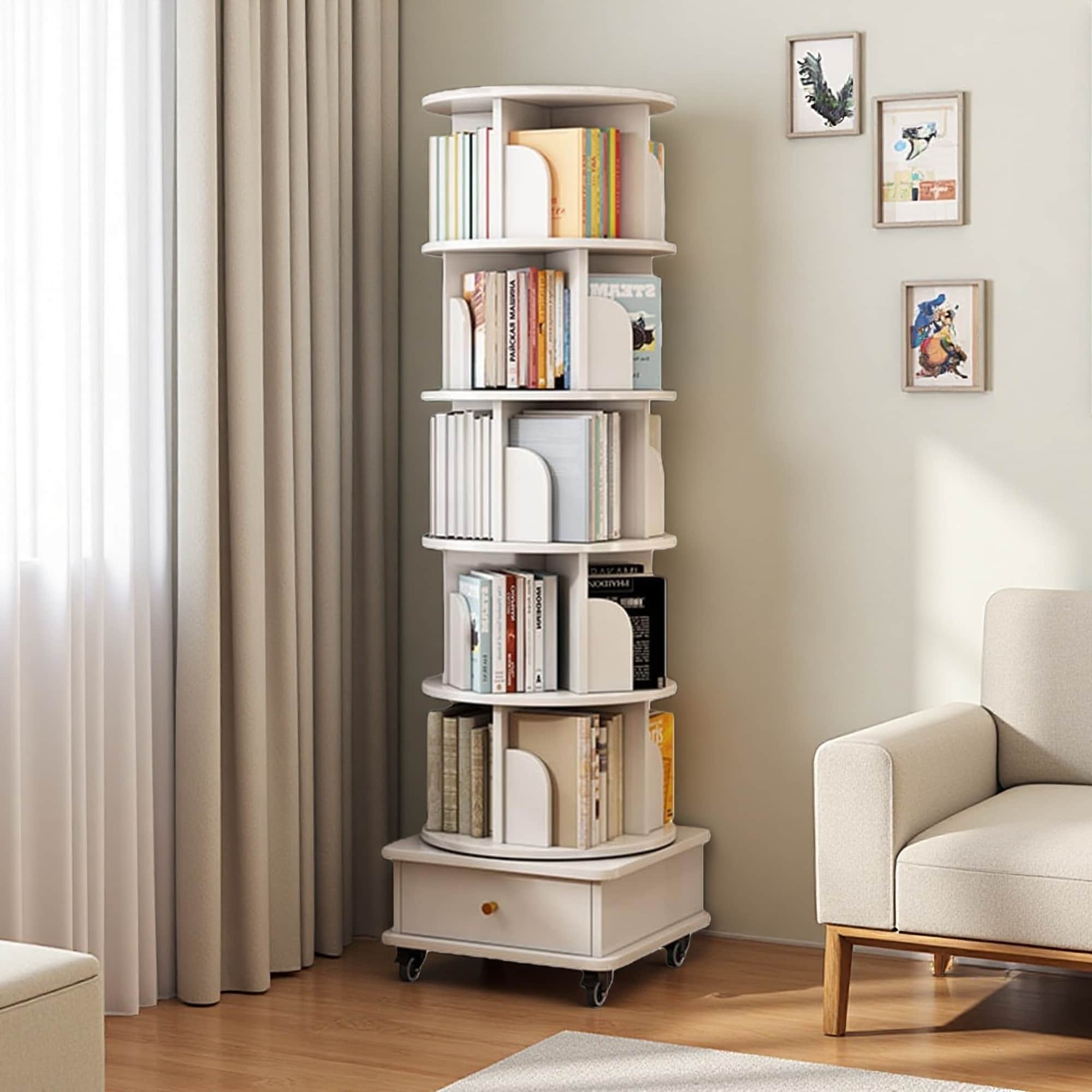 68"H 6-Tier Rotating Bookshelf, 360° Round Spinning Bookshelf with Wheels and Drawer, Space-Saving Storage for Living Room