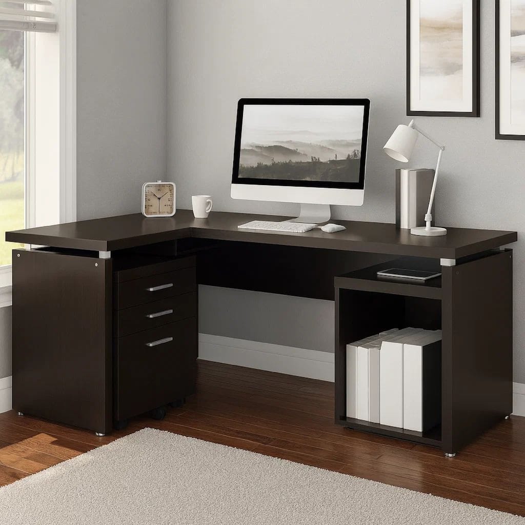 Niti 2 Piece Home Office L Desk with File Cabinet, Keyboard Tray Dark Brown