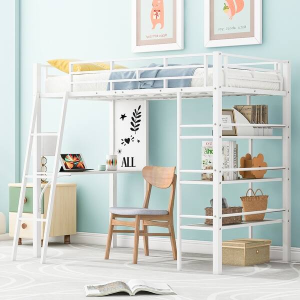 slide 2 of 9, Twin Size Metal Loft Bed Frame with 3 Layers of Shelves, Desk, Whiteboard, Ladder and Guardrails, Large Space Underneath - White White - Twin