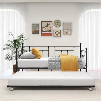 Twin Size Daybed Pull-out Trundle Bed, Metal Daybed Frame with Steel Slatted Support for Bedroom, Guest Room