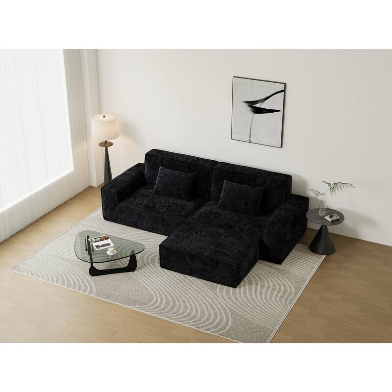 Anmytek Plush Modern Large Striped Fabric Vacuum Compressed Full Sponge High Rebound No-Assembly Sofa with Foot Pedal Black