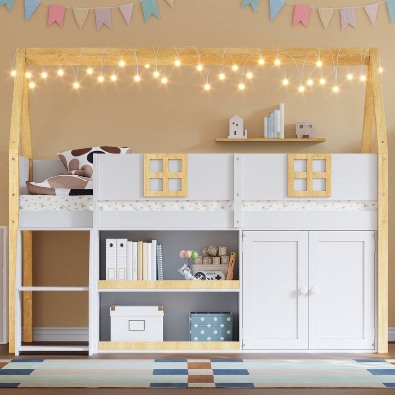 Roomfitters Twin/Full Low Loft Bed with LED Lights, Storage Staircase and Cabinets