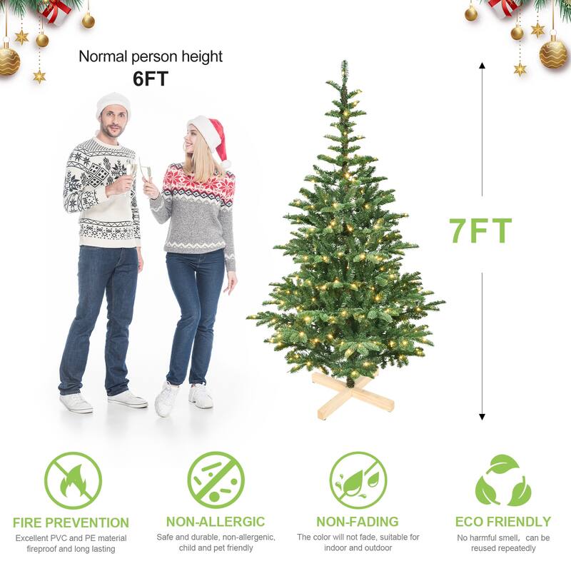 7ft Pre-Lit Christmas Tree with 400 Warm White LED Lights, 941 PE+PVC Tips, Realistic Layered Look, Unique Wooden Base