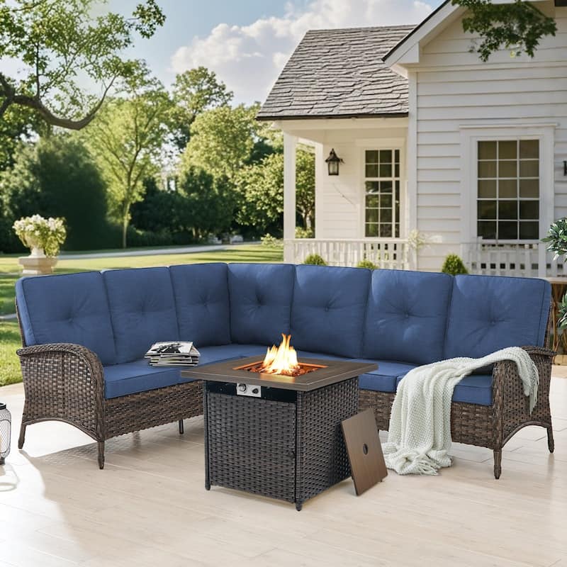 Gymojoy L-Shaped Outdoor Sectional Sofa Set with Propane Fire Pit Table - Blue - 2-Piece
