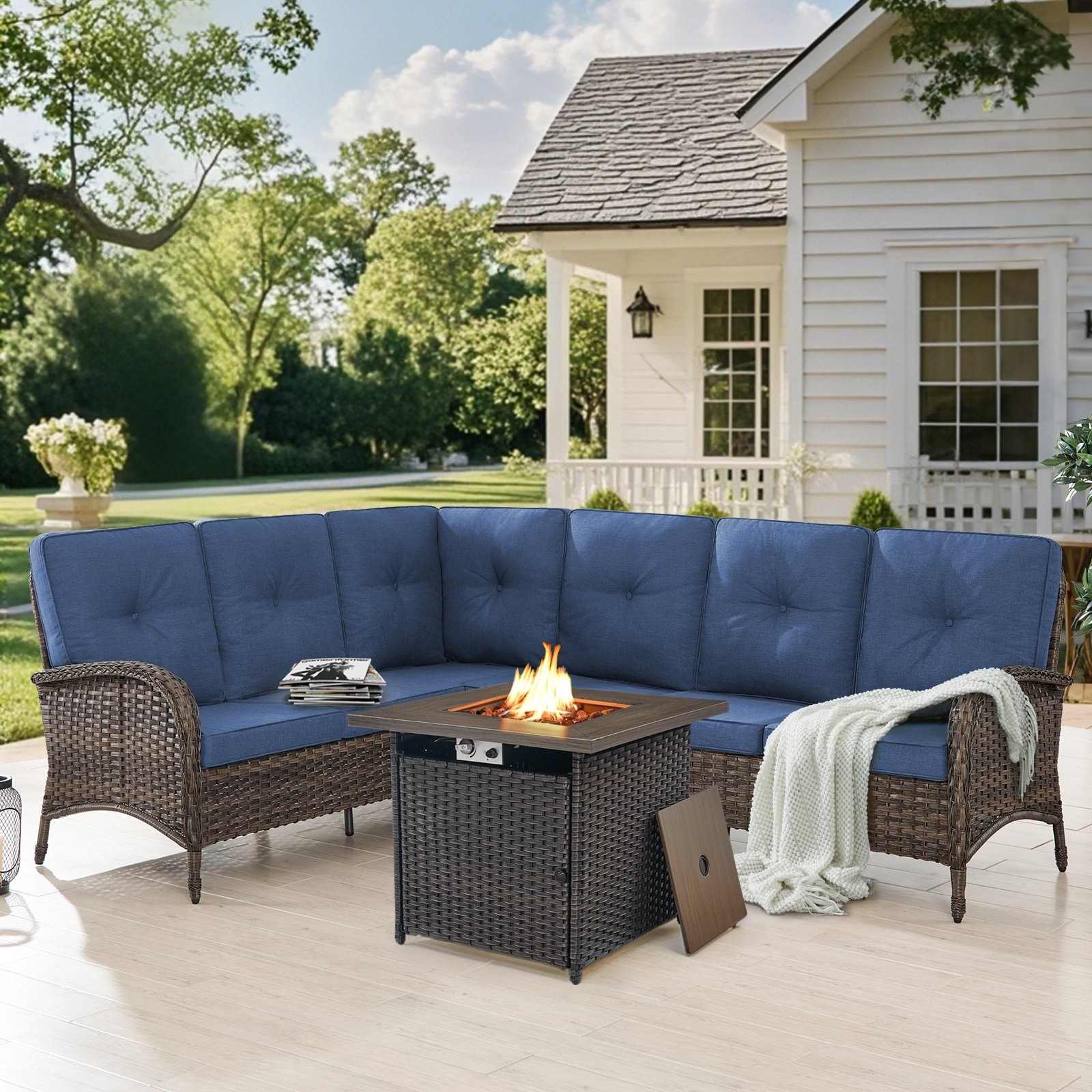 Gymojoy L-Shaped Outdoor Sectional Sofa Set with Propane Fire Pit Table