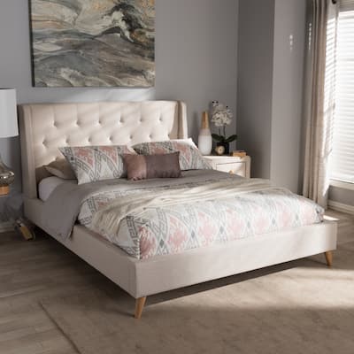 King Size Platform Bed with Winged Headboard - Upholstered Fabric Bed Frame - Beige Bedroom Furniture