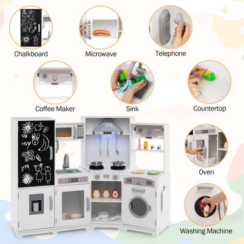 Gymax Corner Kids Play Kitchen Wooden Pretend Toy Kitchen w/ Realistic