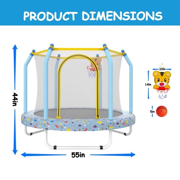 dimension image slide 1 of 3, 55-inch Trampoline for Kids Indoor & Outdoor Small Toddler Trampoline with Basketball Hoop