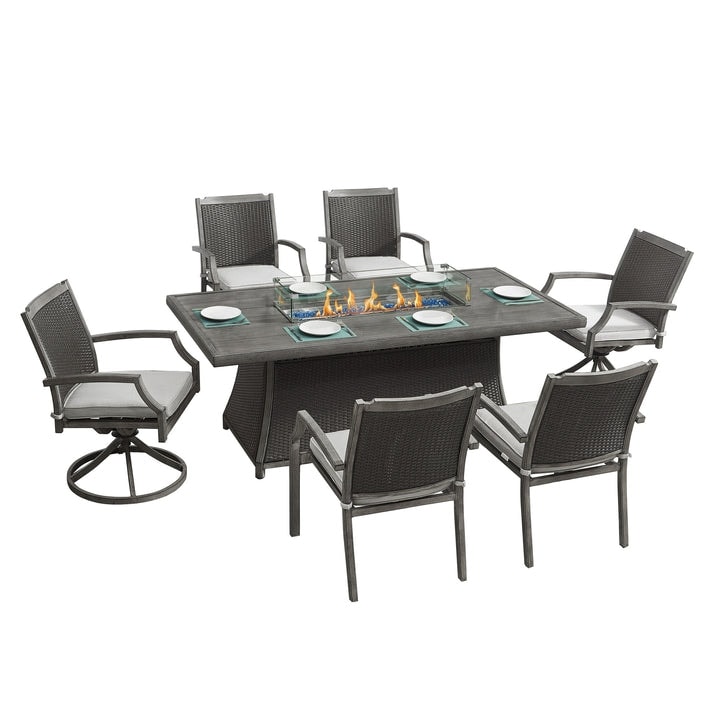 Kinger Home Isla Rattan 7-Piece Patio Set with Propane Fire Pit Table - 76-Inch