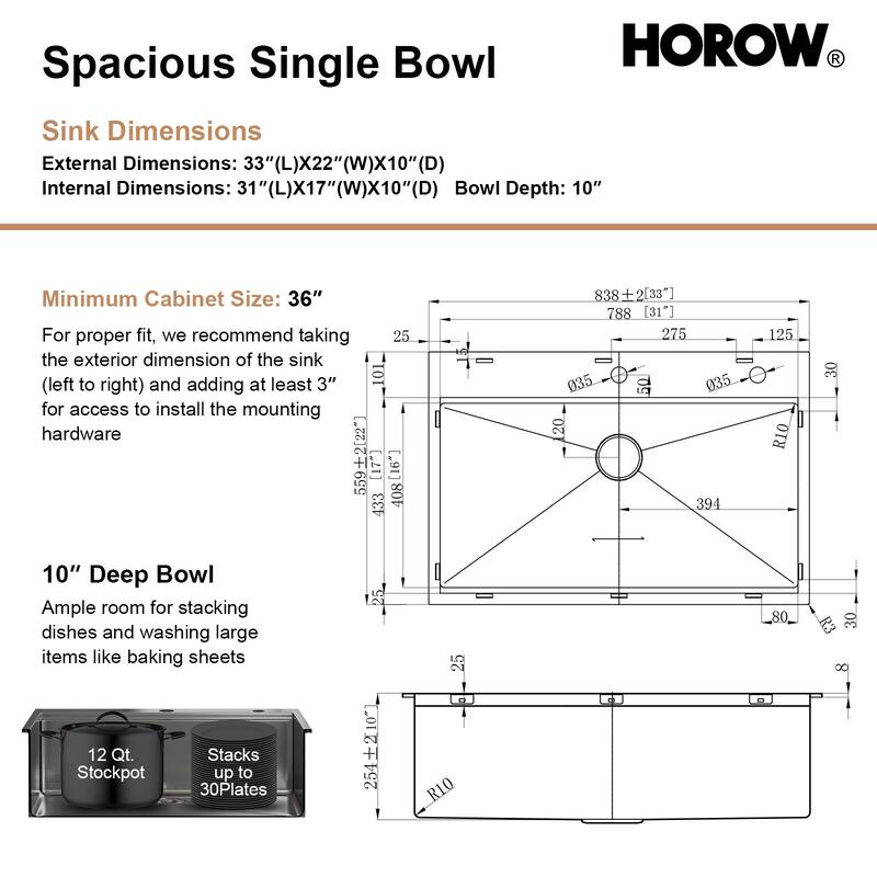 HOROW Drop-in Stainless Steel 33 in. Workstation Ledge Topmount Kitchen Sink 18-Gauge 2-Hole Single Bowl with Integrated Ledge