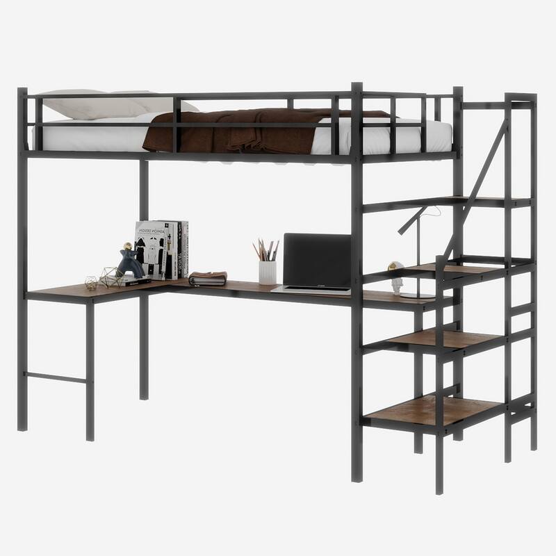 GDFStudio - Iron Loft Bed with L-Shaped Desk & Storage Stairs