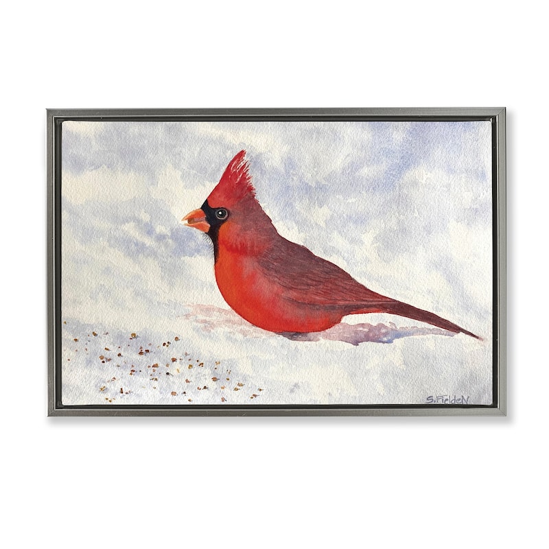 Stupell Red Cardinal in Snow Framed Floater Canvas Wall Art Design By Stephanie Fielden - 25 x 17 - Grey