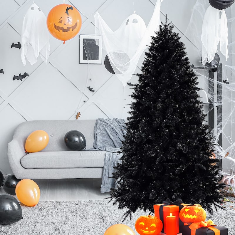 7.5ft Black Christmas Tree with 500 White LED Lights, 2156 Tips PE+PVC Artificial Tree for Halloween&Holiday Decor