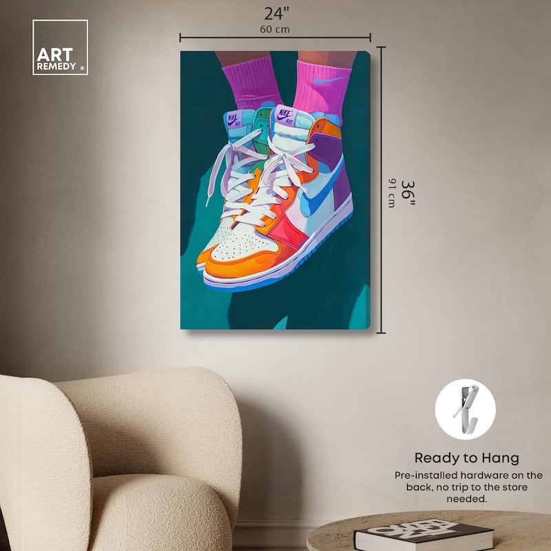 Colorful Sneaker Jump Canvas by Art Remedy, Gallery Wrapped