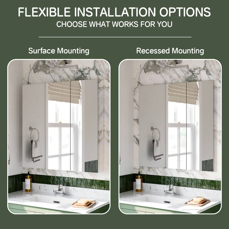30x30 Mirrored Medicine Cabinet, Dual-Swing, Tri-View, Copper-Free, Blum Soft-Close, Recessed/Surface, Chrome Aluminum