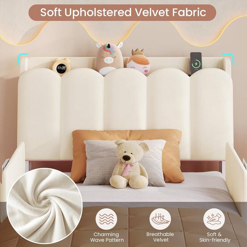 LED Bed Frame Storage DrawerSafety Guardrails Velvet Princess Platform Bed Kids