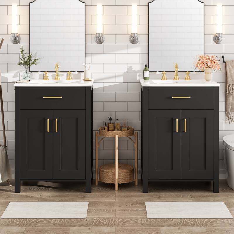 Modern 48" Bathroom Vanity Cabinet with Sinks, Flip Drawers, Double-Layer Door Shelves, Gold Handles and Soft-Close Doors