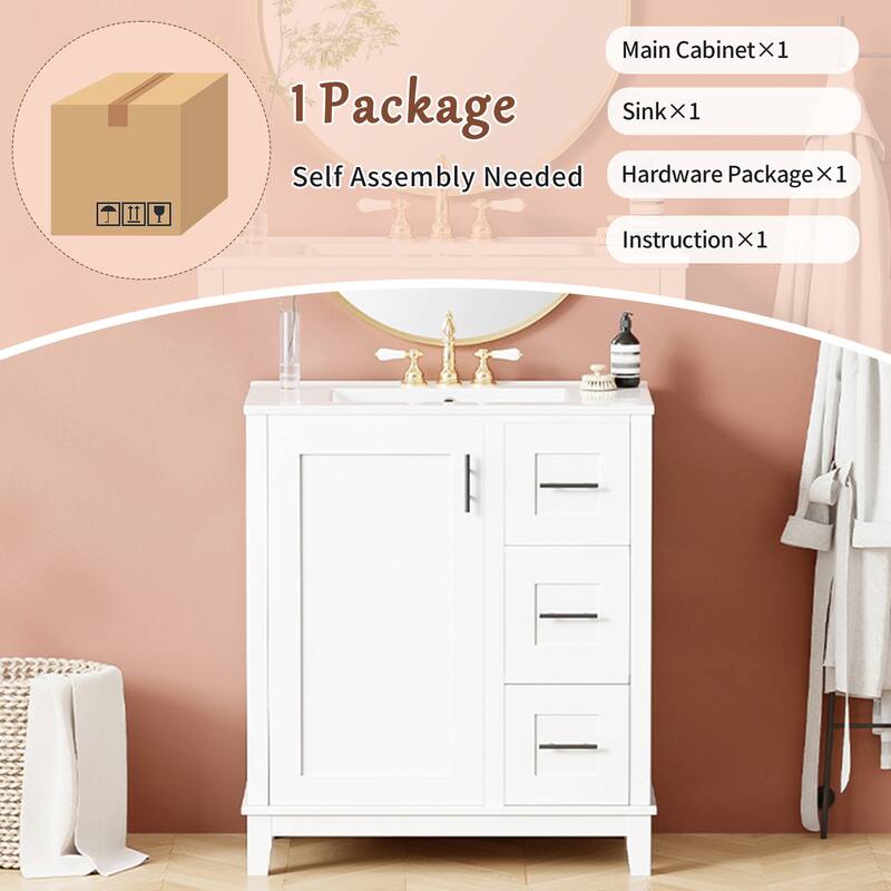 GDFStudio - Tim 30" Modern Bathroom Vanity with Ceramic Sink - Rubberwood Frame, 3 Drawers & Double-Rack Door, Soft-Close