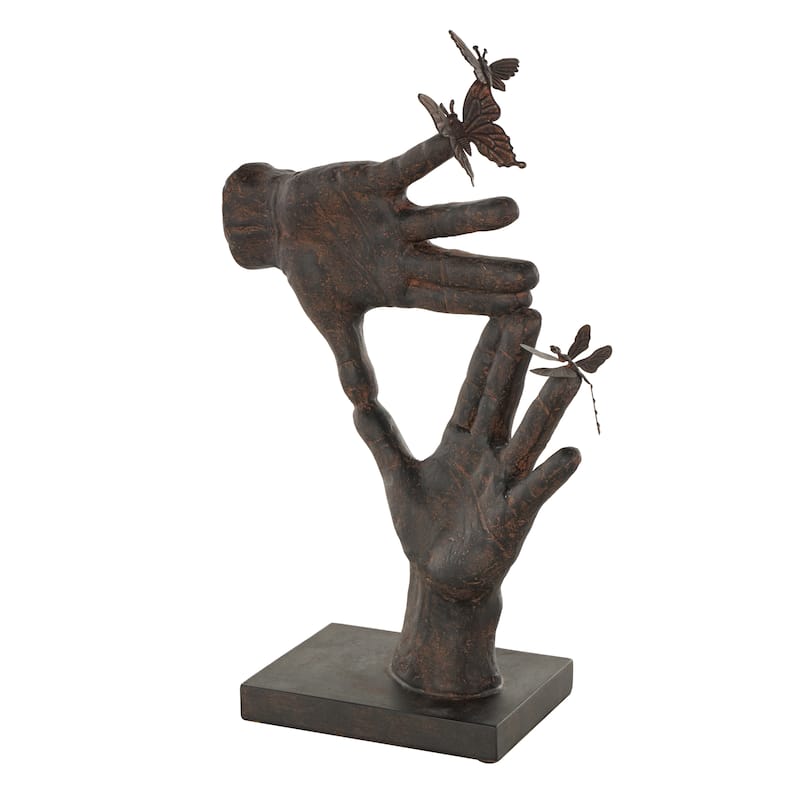 Dark Brown Polystone Sign Hands Decorative Sculpture with Butterrfly Accents - Dark Brown