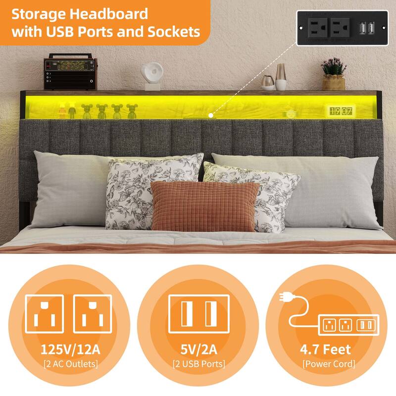 Upholstered Platform Bed with Charging Station and Storage Headboard