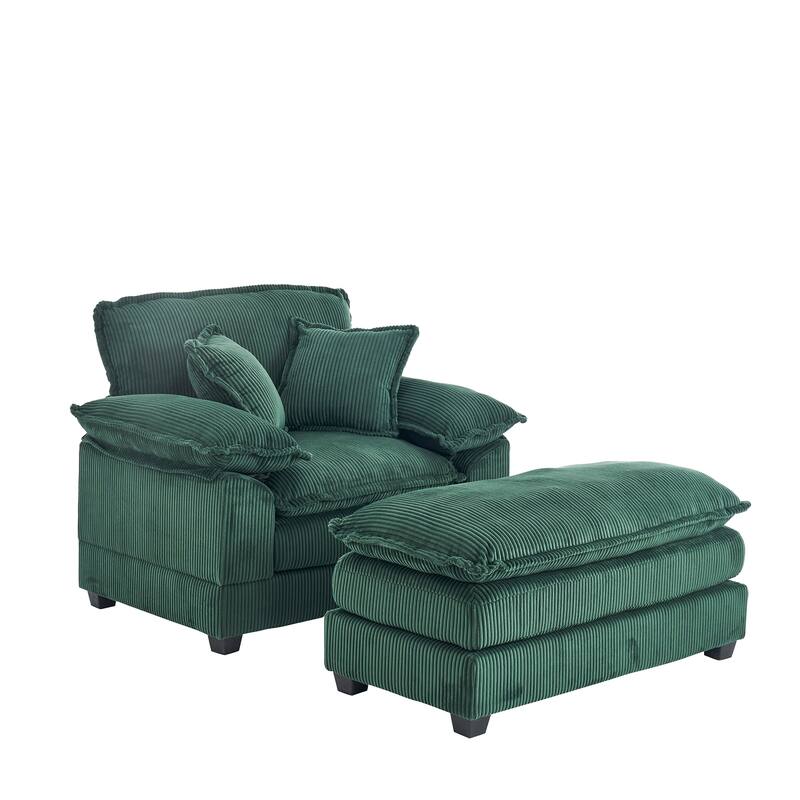 56.3 Inch Corduroy Single Deep Seat Sofa Chair With 2 Toss Pillows and a Ottoman