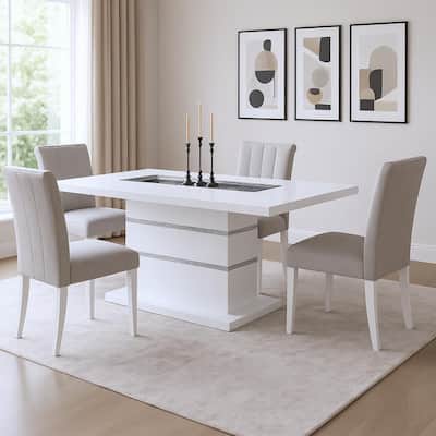 HomeRoots 79" White Faux Crystals Glass and Wood Pedestal Base Dining Table - 78.7 in. x 30.7 in. x 39.4 in.