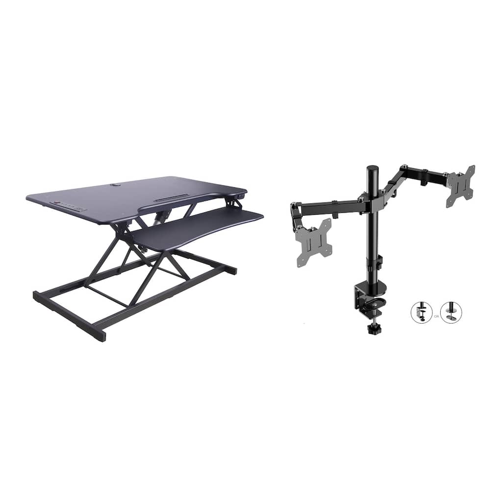 Rocelco 46 in. W White Electric Standing Desk Converter with AC Outlet, USB Charger and Dual Monitor Arm Mount System