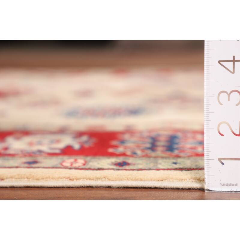 Geometric Kazak Area Rug Hand-Knotted Beige Wool Carpet - 5'2" x 6'6"