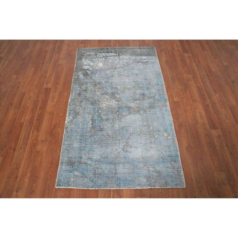 Hand Knotted Oriental Viscose Silk Carpet Modern All-Over Navy Blue & Blues Abstract Area Rug - 5' 0'' X 3' 0''
