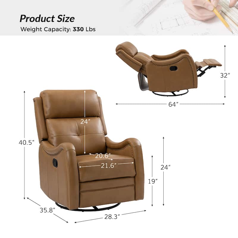 Franco Modern Genuine Leather Swivel Rocker Recliner with Nailhead Trims by HULALA HOME