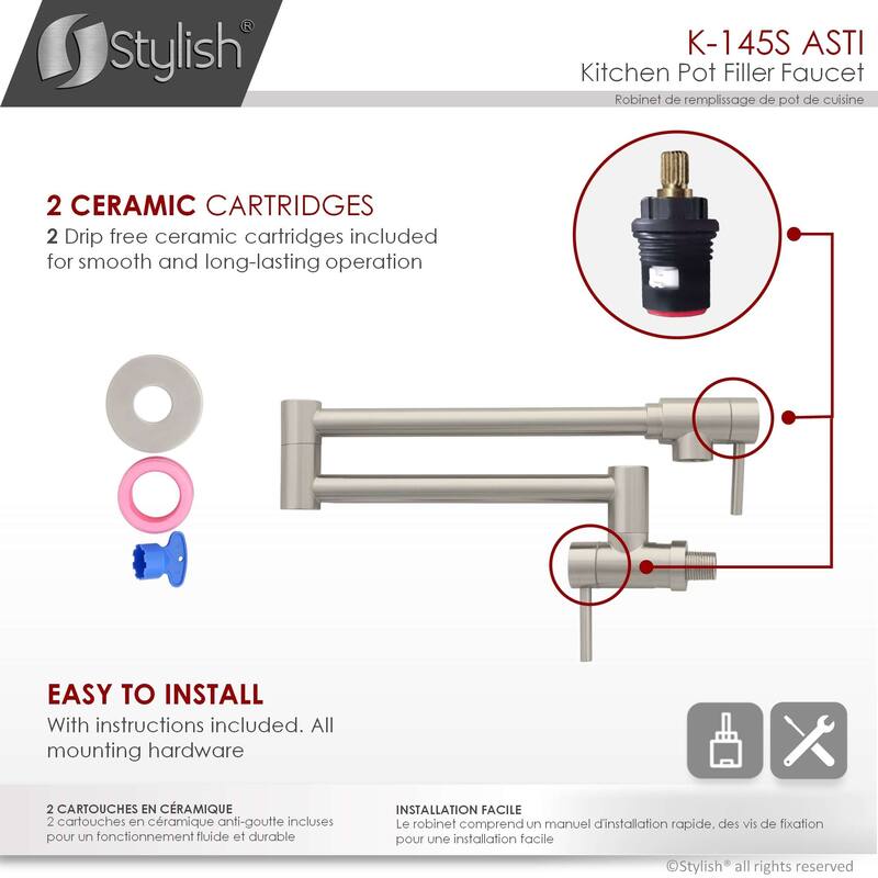 STYLISH Stainless Steel Wall Mount Pot Filler Folding Stretchable with Single Hole Two Handles