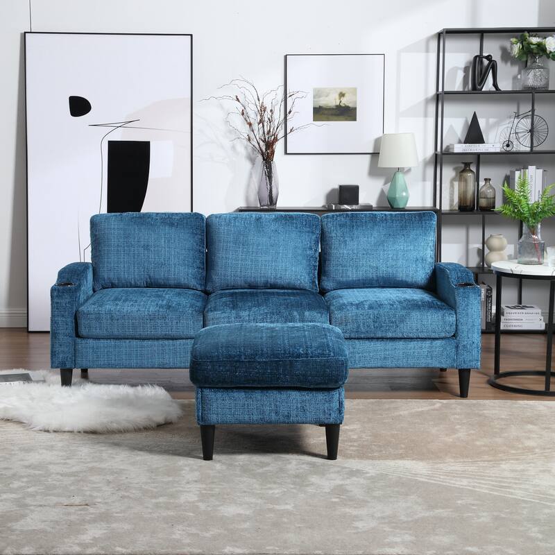Modular Sectional Sofa with Storage Ottoman, Comfy Chenille Fabric Sofa, 3-Seater Sofa with Side Pockets & 2 Cup Holders