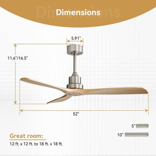 dimension image slide 12 of 15, Sofucor 52''/60" Large Ceiling Fan without Lights, Remote Control and Reversible Motor Included, Smart Optinal