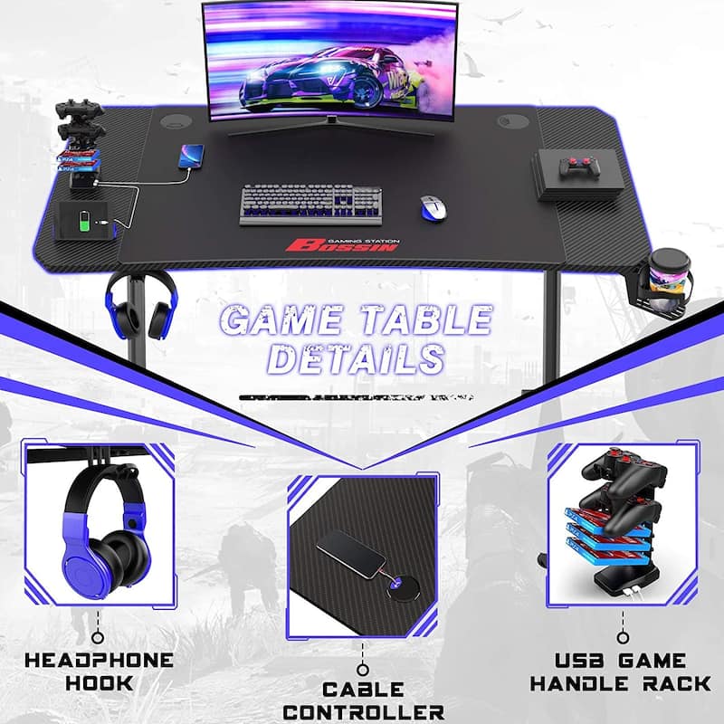 BOSSIN Ergonomic Gaming Desk Z-Shaped Office PC Computer Desk Gamer Tables with Cup Holder and Headphone Hook