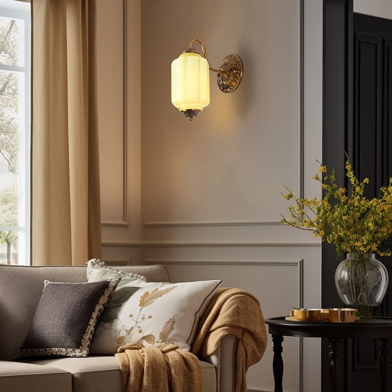 1-Light Vintage Aged Antique Brass Finish Lantern Shaped Wall Light with Milk/Green Glass for Bedroom, Hallways