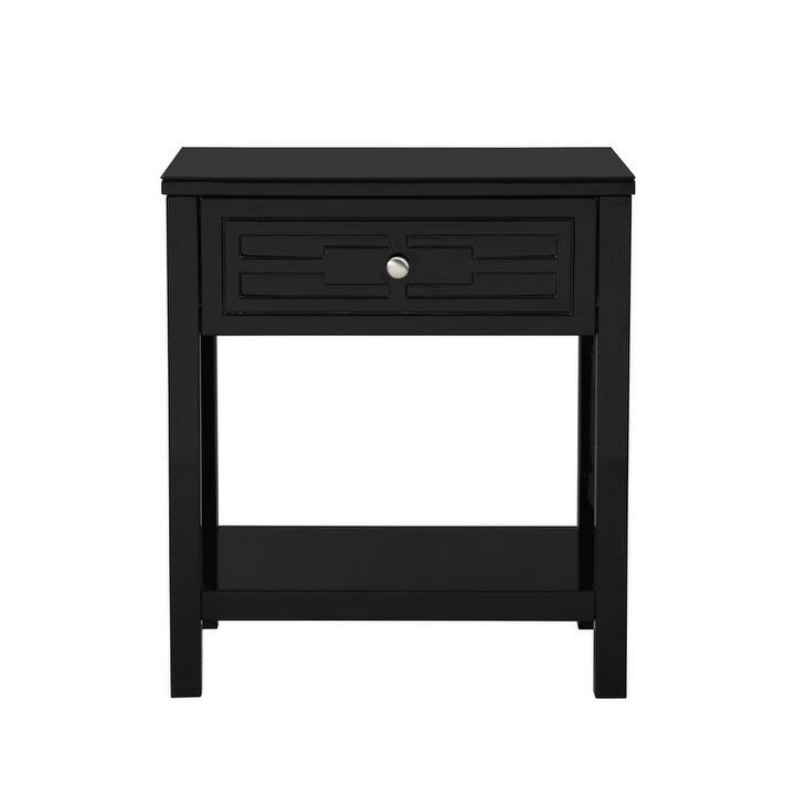 Wooden End Side Table Nightstand with Glass Top and Drawer