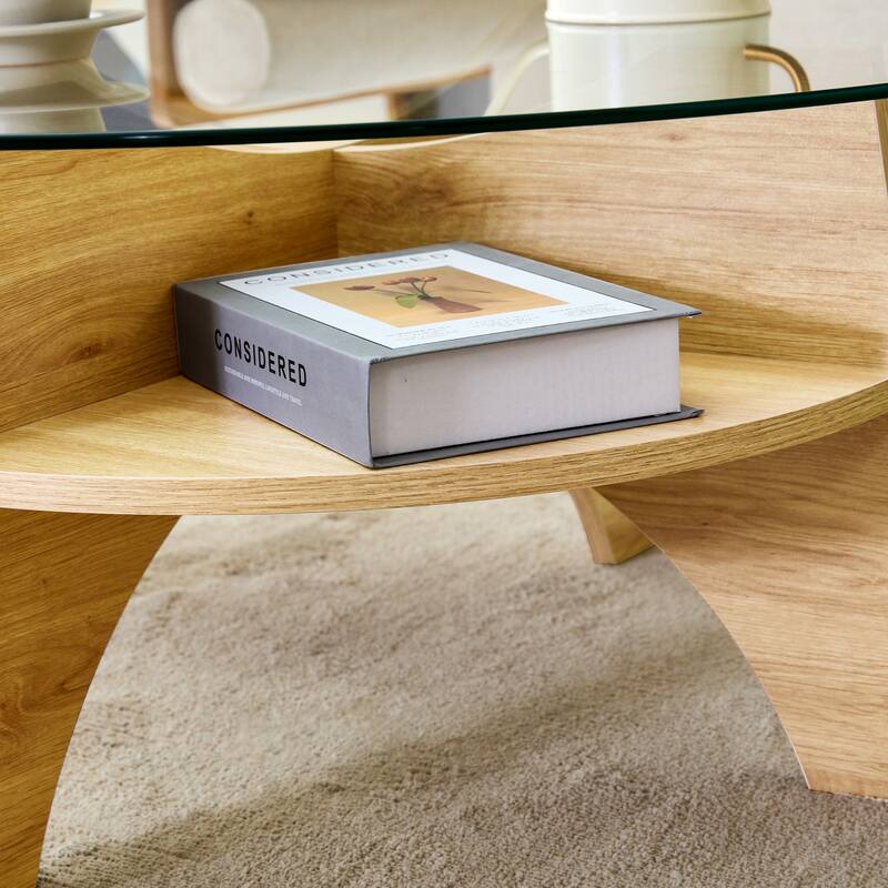 GDFStudio Marcellus Tempered Glass Coffee Table with Wood Legs and Fan-Shaped Pedestal Design