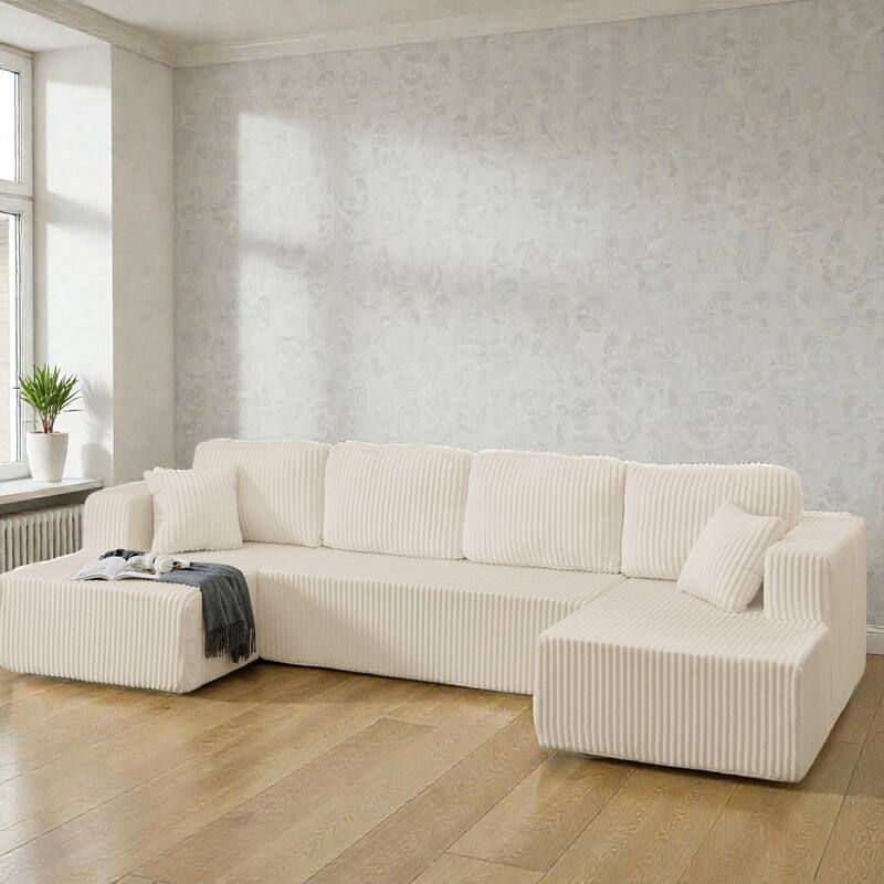 U Shaped Modular Sectional Sofa, Modern Minimalist Corduroy Compressed Couch, Sleeper Sofa for Living Room