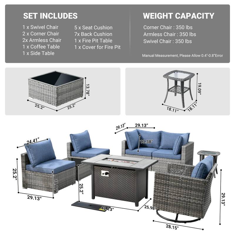 HOOOWOOO 8-piece Rattan Wicker Patio Furniture Set with Fire Pit