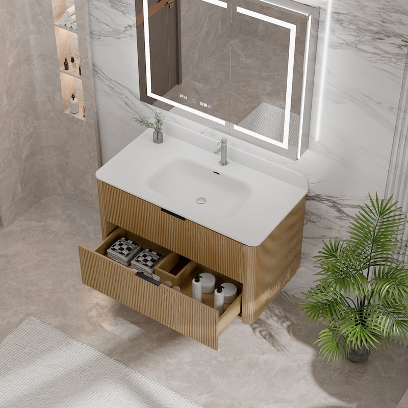 Modland Fluted Floating Vanity with Sink, Plywood Wall Mount Cabinet, Curved Edge, 24/30/36 Inch