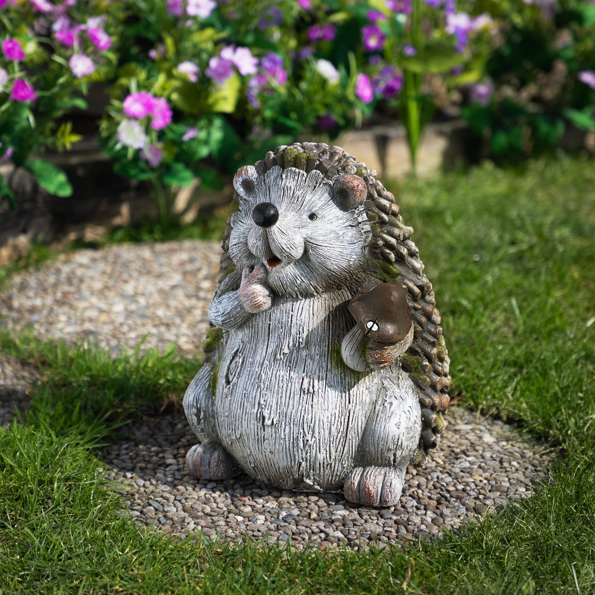 Hedgehog Holding Mushroom Outdoor Garden Statue - 8.5"