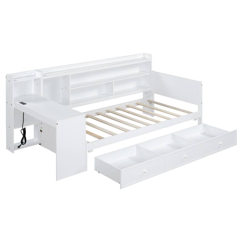 Twin Size Wooden Daybed With 3 Drawers, USB Ports and desk, White