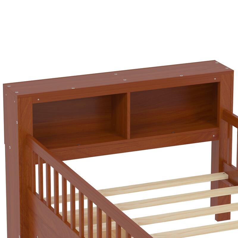 Safe Kids Bed Platform Bed Twin Size Wood Bed Frame with Storage Headboard and 2 Drawers Under, 3-Side Guardrails for Boys Girls