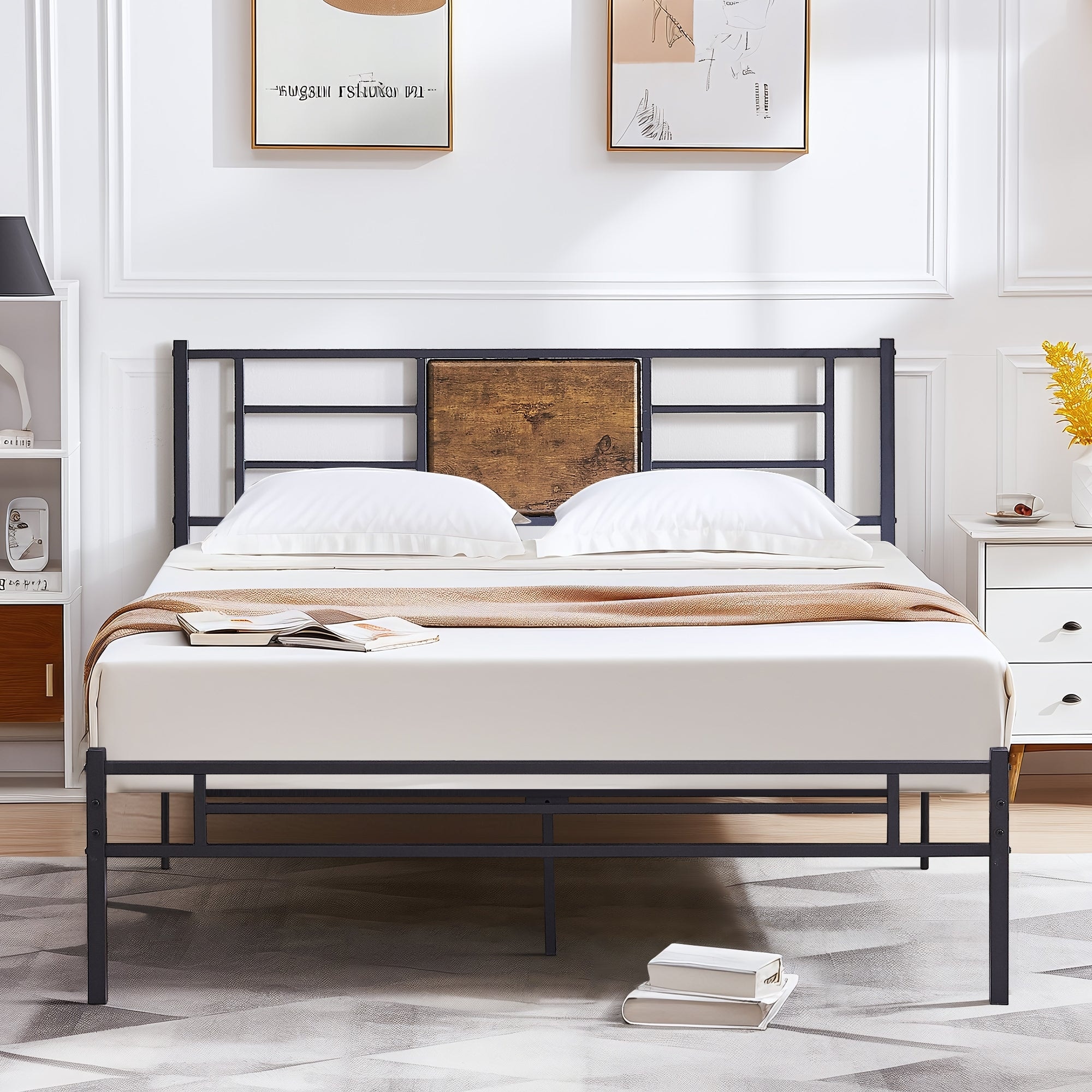 Javlergo Metal Platform Bed Frame with Wood and Metal Headboard, No Box Spring Needed