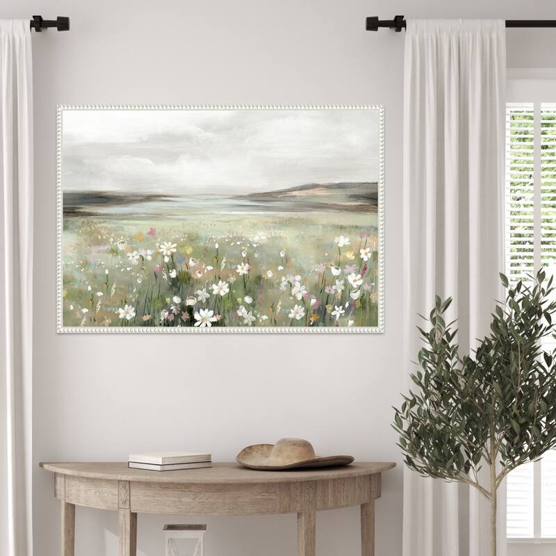 Soft Meadow Under Cloudy Sky by Hannah Dawson Framed Canvas Wall Art Print